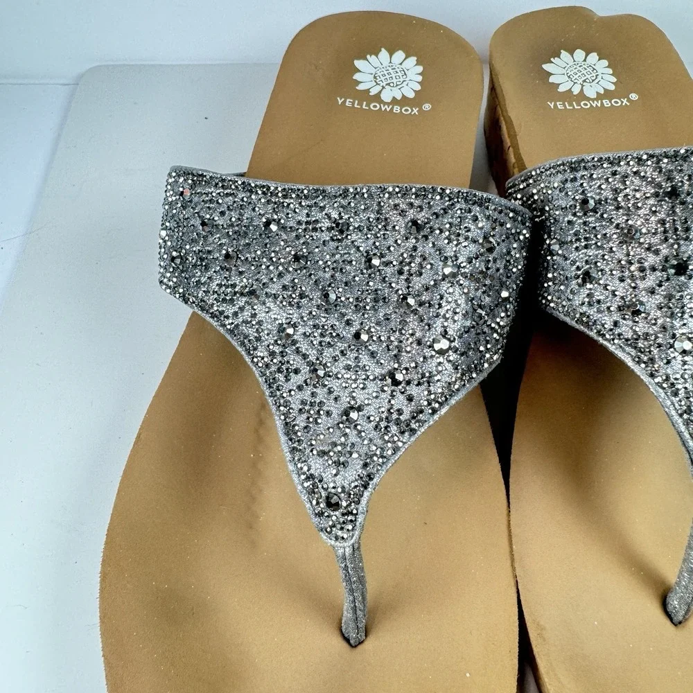 Yellow Box Crystal Wedge Sandals Sz 7 Silver Glitter Rhinestone‎ Flip Flops - Picture 5 of 16